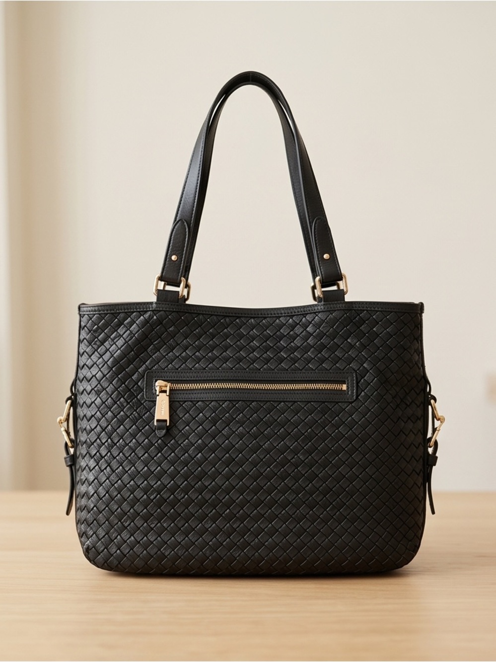 #36 Cole Haan Black Woven Leather Tote Bag